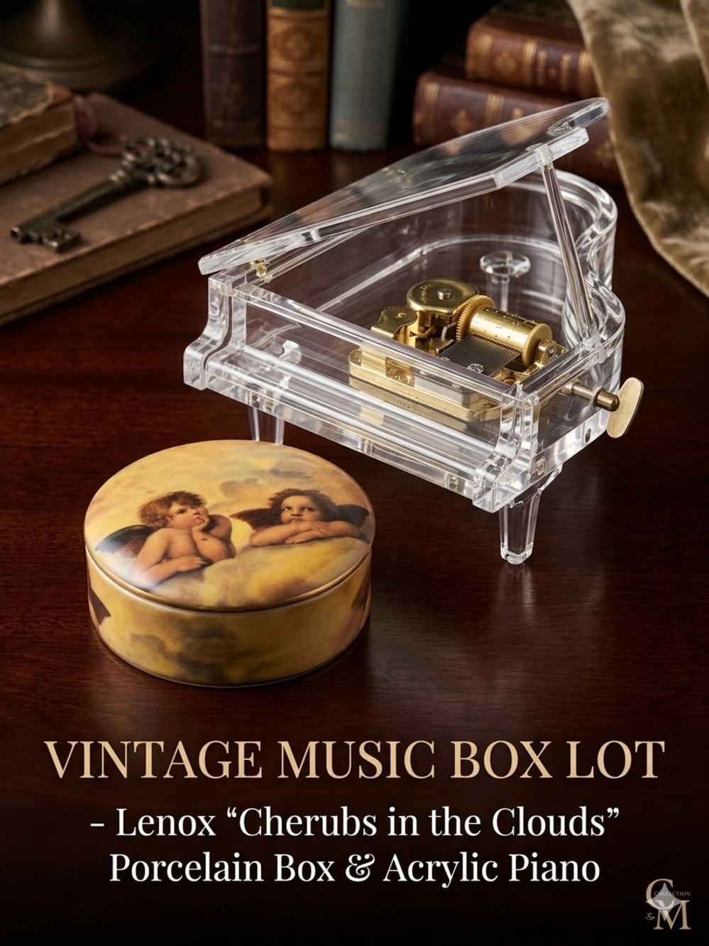 Vintage Music Box Lot Lenox Cherubs in the Clouds & Clear Acrylic Piano